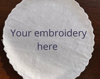 Embroidered Linen Jam Jar Lid Covers Logo Name Image, Personalized White Cloth Fabric Jelly Toppers Jars Wedding Honey Bridal Shower Favors