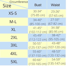May include: A size chart with measurements for bust and waist in inches and centimeters. Sizes range from XS-S to 5XL, with bust measurements from 30-66 inches and waist measurements from 23-59 inches.