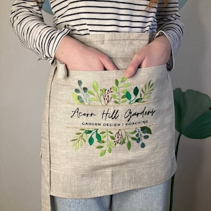 Logo Embroidery Linen Half Apron W/ Pocket Women Men, Custom Logo Vendors Short Apron, Personalized Logo Garden Waist Apron Plus Size Gift