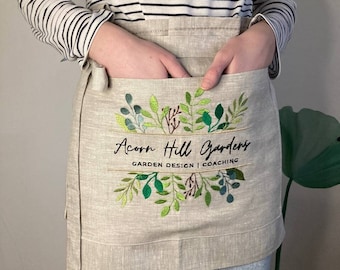 Logo Embroidery Linen Half Apron W/ Pocket Women Men, Custom Logo Vendors Short Apron, Personalized Logo Garden Waist Apron Plus Size Gift