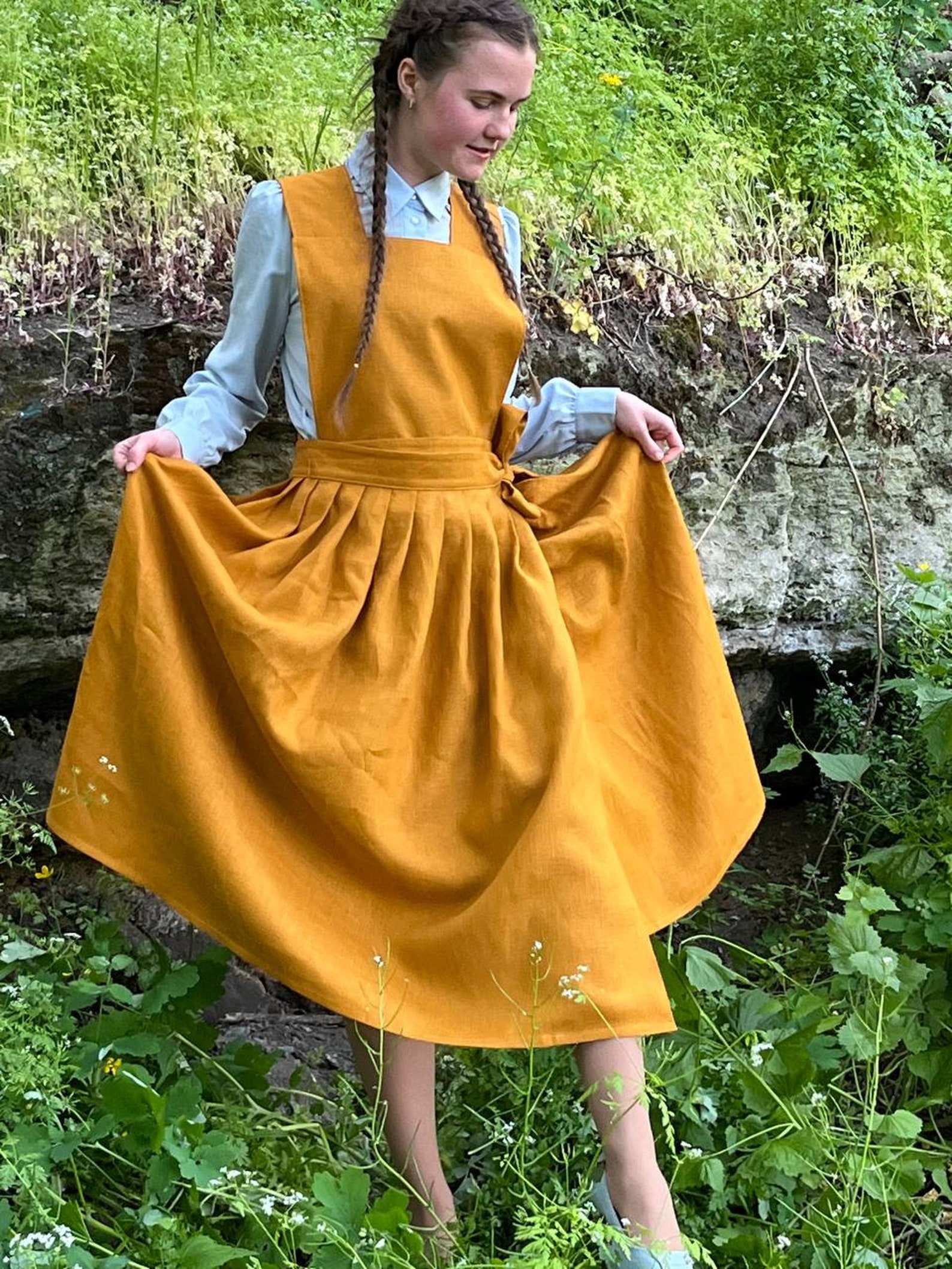 Mustard Linen Overalls Dress Wrap Skirt Cottagecore Cross Etsy