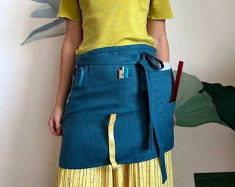 Linen Half Apron 6 Pockets Men Women Garden, Waist Short Grilling Work Apron Plus Size, Cooking Baking Bistro Check Apron Waitress Ukraine