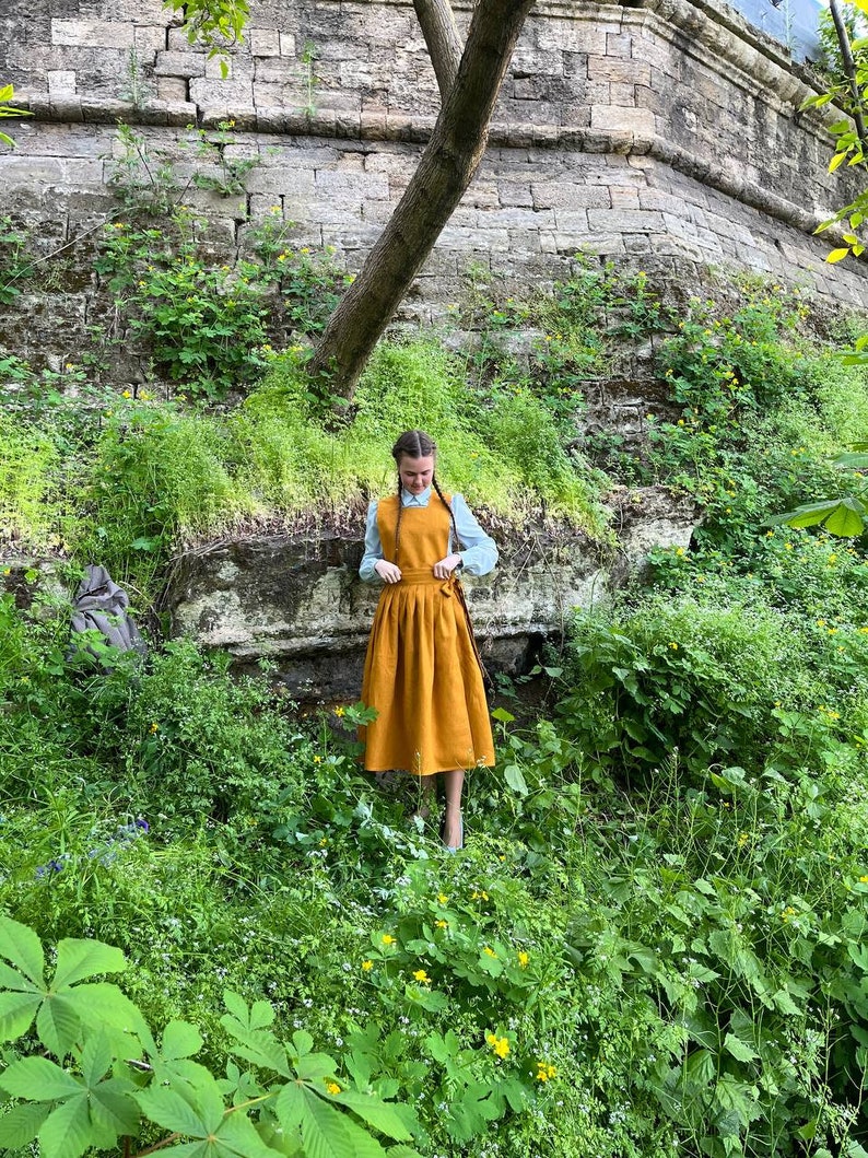 Mustard Linen Overalls Dress Wrap Skirt Cottagecore Cross Etsy