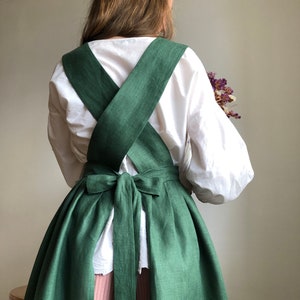 Green Linen Pinafore Apron Dress + Half Apron Skirt, Cottagecore Cross Back Apron Personalized Gifts, Linen Custom Apron For Women Plus Size