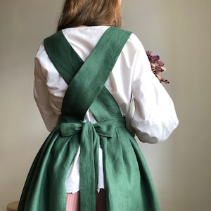 Green Linen Pinafore Apron Dress + Half Apron Skirt, Cottagecore Cross Back Apron Personalized Gifts, Linen Custom Apron For Women Plus Size