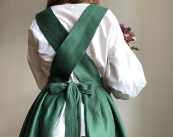 Green Linen Pinafore Apron Dress + Half Apron Skirt, Cottagecore Cross Back Apron Personalized Gifts, Linen Custom Apron For Women Plus Size