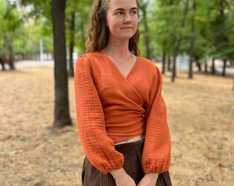 Blusa victoriana de gasa de muselina con mangas abullonadas para cualquier talla grande, blusa camisera de algodón orgánico con núcleo Cottage, top cruzado con mangas farol estilo globo para mujer