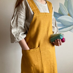 Denim Cotton Cross Back Apron XS-5XL Plus Size, Dense Wrap Smock Japanese Apron W/ Pockets, Pinafore Art Work Reversible Apron For Women Men