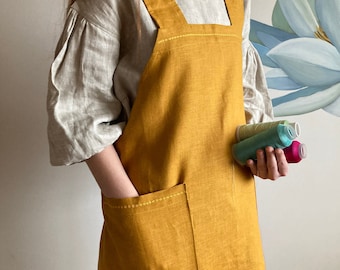 Denim Cotton Cross Back Apron XS-5XL Plus Size, Dense Wrap Smock Japanese Apron W/ Pockets, Pinafore Art Work Reversible Apron For Women Men