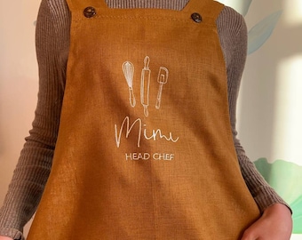 Custom Cross Back Linen Apron Wrap Around Plus Size, Personalized No Ties Apron With Pockets, Embroidered Japanese Apron For Women Men Gift