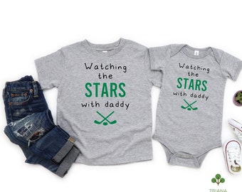 Watching the Game with Daddy Heather Gray Unisex Hockey Baby Game Day Onesie® or Toddler T-Shirt, Sports Fan Gender Reveal Gift Idea