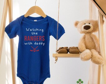 Watching the Game with Daddy Royal Blue Unisex Hockey Baby Game Day Bodysuit or Toddler T-Shirt, Sports Fan Gender Reveal Gift Idea