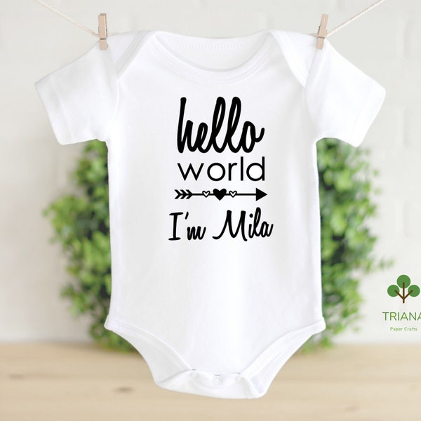 Personalized Hello World Bodysuit, Baby Coming Home Outfit, Baby Photoshoot Bodysuit