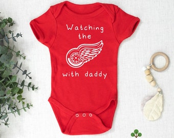 Watching the Game with Daddy Red Unisex Hockey Baby Game Day Onesie®, Sports Fan Gender Reveal Gift Idea