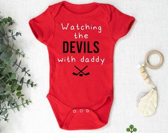 Watching the Game with Daddy Red Unisex Hockey Baby Game Day Bodysuit, Sports Fan Gender Reveal Gift Idea