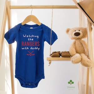 Watching the Game with Daddy Royal Blue Unisex Hockey Baby Game Day Bodysuit or Toddler T-Shirt, Sports Fan Gender Reveal Gift Idea