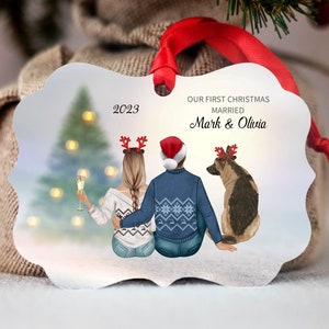 First year married christmas ornament as Mr. Mrs Ornament- Christmas Gift for a Couple with dogs-New Family Ornament with a couple