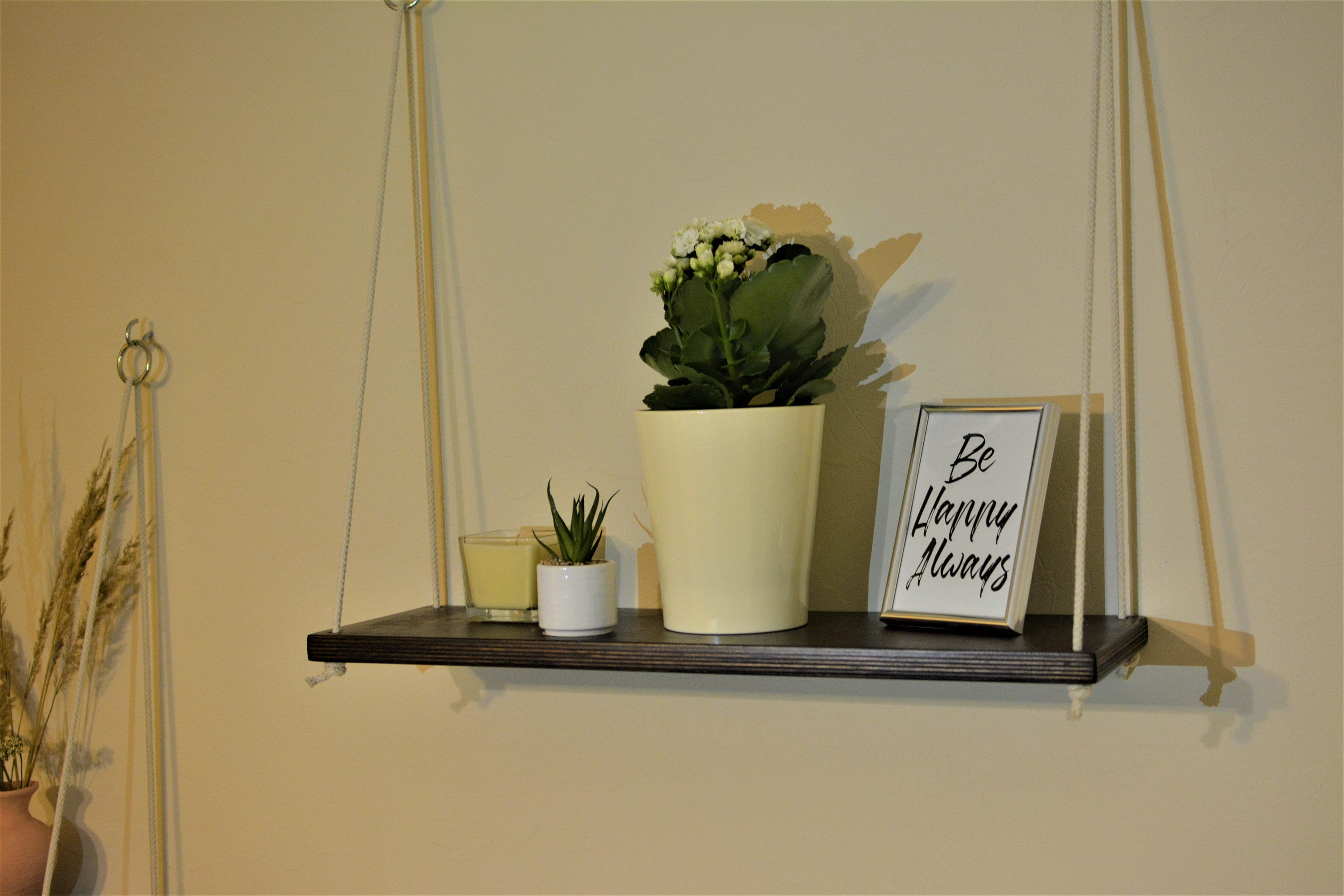 Floating wooden shelf with strings Flower shelf Wooden Etsy