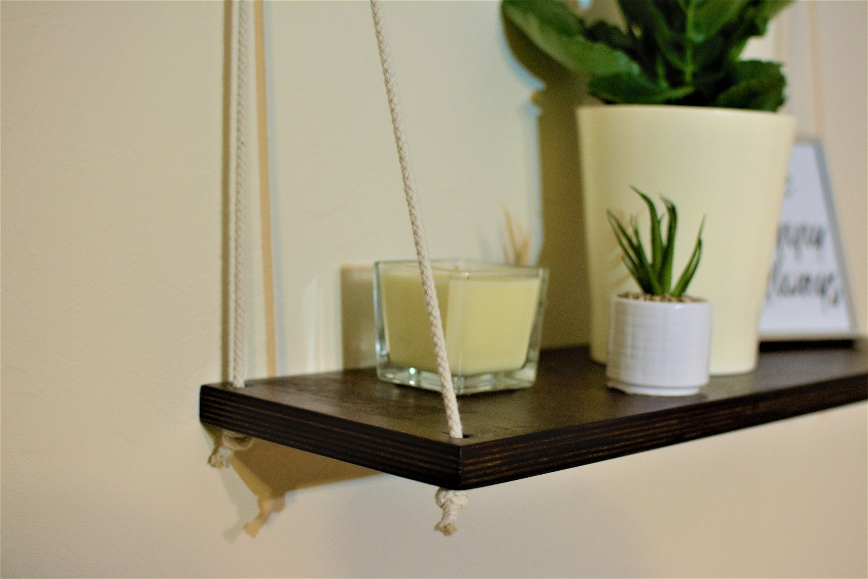 Floating wooden shelf with strings Flower shelf Wooden Etsy