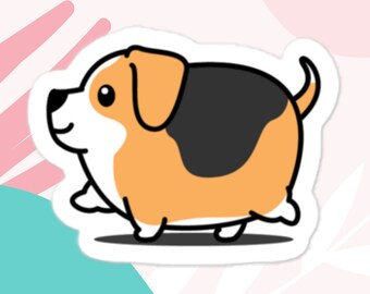 Könnte beinhalten: Eine Cartoon-Illustration eines braunen, schwarzen und weißen Hundes mit einem glücklichen Ausdruck. Der Hund geht und hat einen runden, dicken Körper.