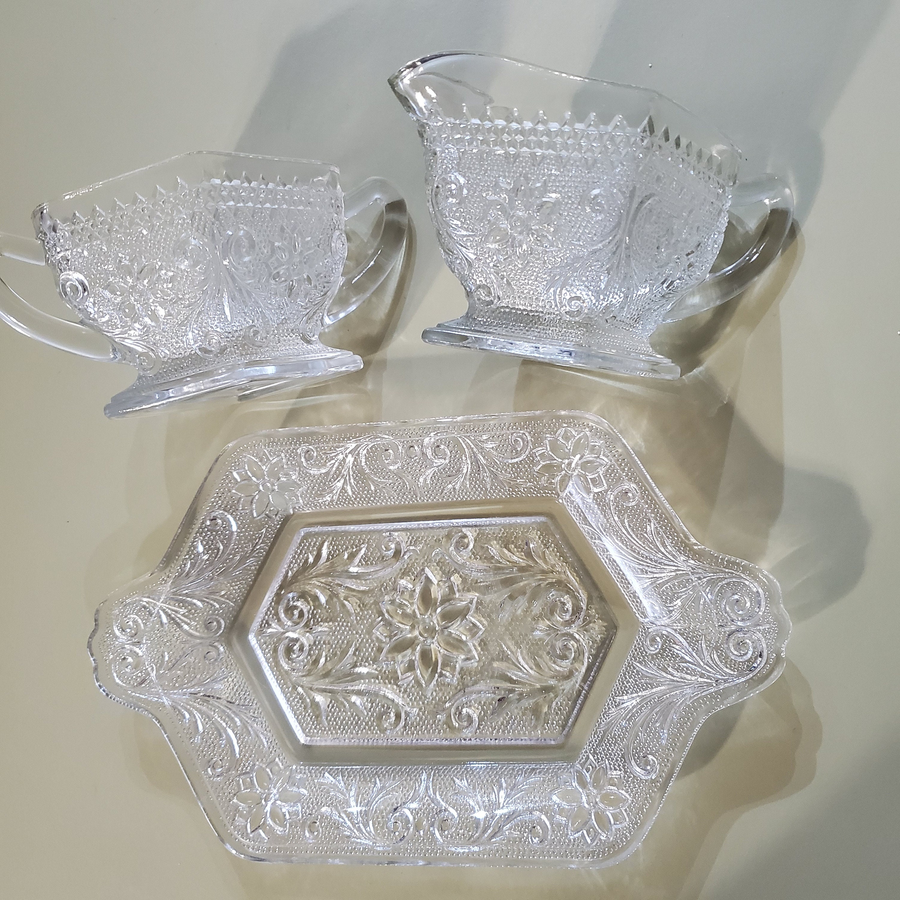Tiara Glass Co. Sandwich Glass 3 Piece Cream and Sugar Set Etsy UK