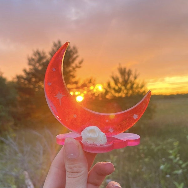 Pink And White Cat Skull Crescent Moon Ring Holder | Mini Pink And White Ring Tree With Cat Skull Accent