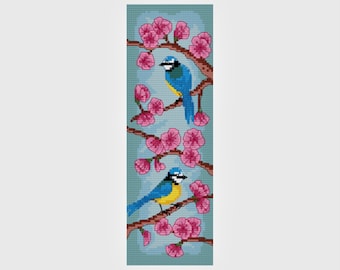 Cross Stitch Bookmark Spring Blossom Birds PDF Pattern Chart Download