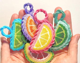 Mini-grille de broderie Agrumes - Tutoriel sur toile citron lime orange pamplemousse (Modèle PDF)