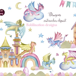 Dragons and fairytale castles watercolor clipart, cute dragon PNG, , boys clipart, kids party, baby shower, cute animals, cute dragons