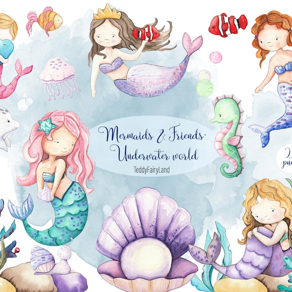 Zeemeerminnen en vrienden. Onderwaterwereld, MERMAIDS aquarel set, In The Sea. Aquarel Collectie