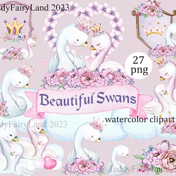 Beautiful swan watercolor clipart. Princess swan, watercolor swan, floral swan, birds clipart, logo design clipart, wedding clipart