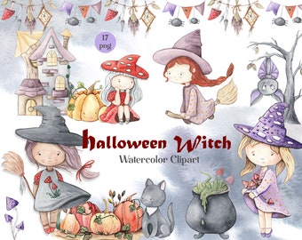 Cute witches. Halloween Scenes Clipart,  Creepy House, mushroom, Scary Tree, PNG clipart. Baby witchs cute watercolor clipart.