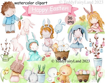 Cute Easter Watercolor Clipart ,Easter kids and animals , Eggs Clip Art Happy Easter, Floral Rabbit, cute children, printable Bunnies