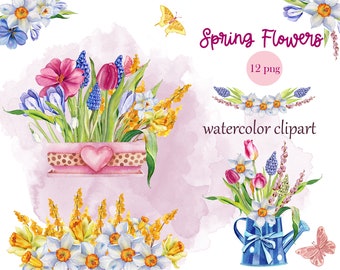 Watercolor spring flowers clipart, Bouquet flowers, Happy Easter, Watering can with flowers, tulips, daffodils, muscari, Floral design, PNG