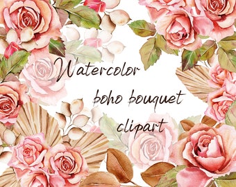 Watercolor Bouquet Pink Roses, Wedding roses clipart, PNG. Vintage Flower , Floral Arrangements clip art, Scrapbooking, Instant Download