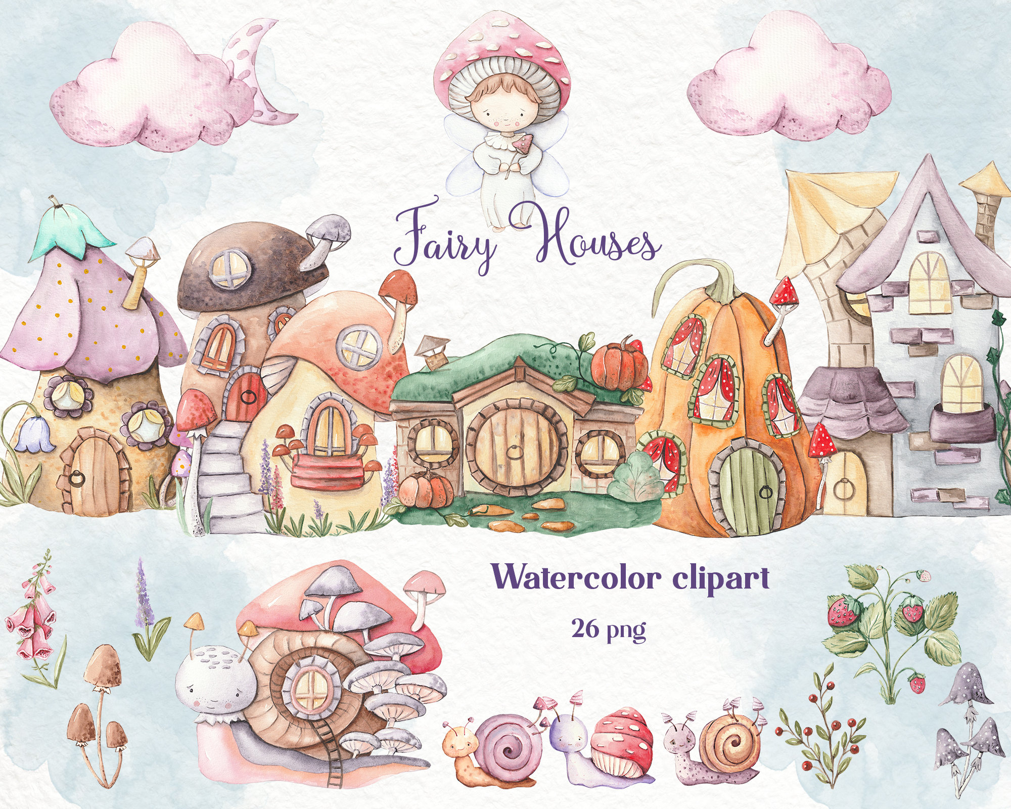 Fairy Houses Clipart. Fantasy Houses. Mushroom House. Pumpkin Etsy