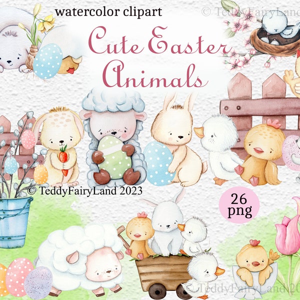 Cute Easter Animal Watercolor Clipart ,Easter farm animals , Eggs Clip Art, Happy Easter, chicken, lamb, duck , printable Bunnies, Rabbit