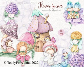 Fairy tale characters. Floral little fairies Clipart. Fairy garden clipart set. Cute watercolor magic clipart. Enchanted garden