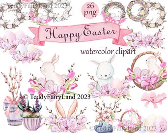 Happy Easter Watercolor Clipart , Flowers, Spring Animal, Happy Easter, Floral Rabbit, Easter sublimation design
