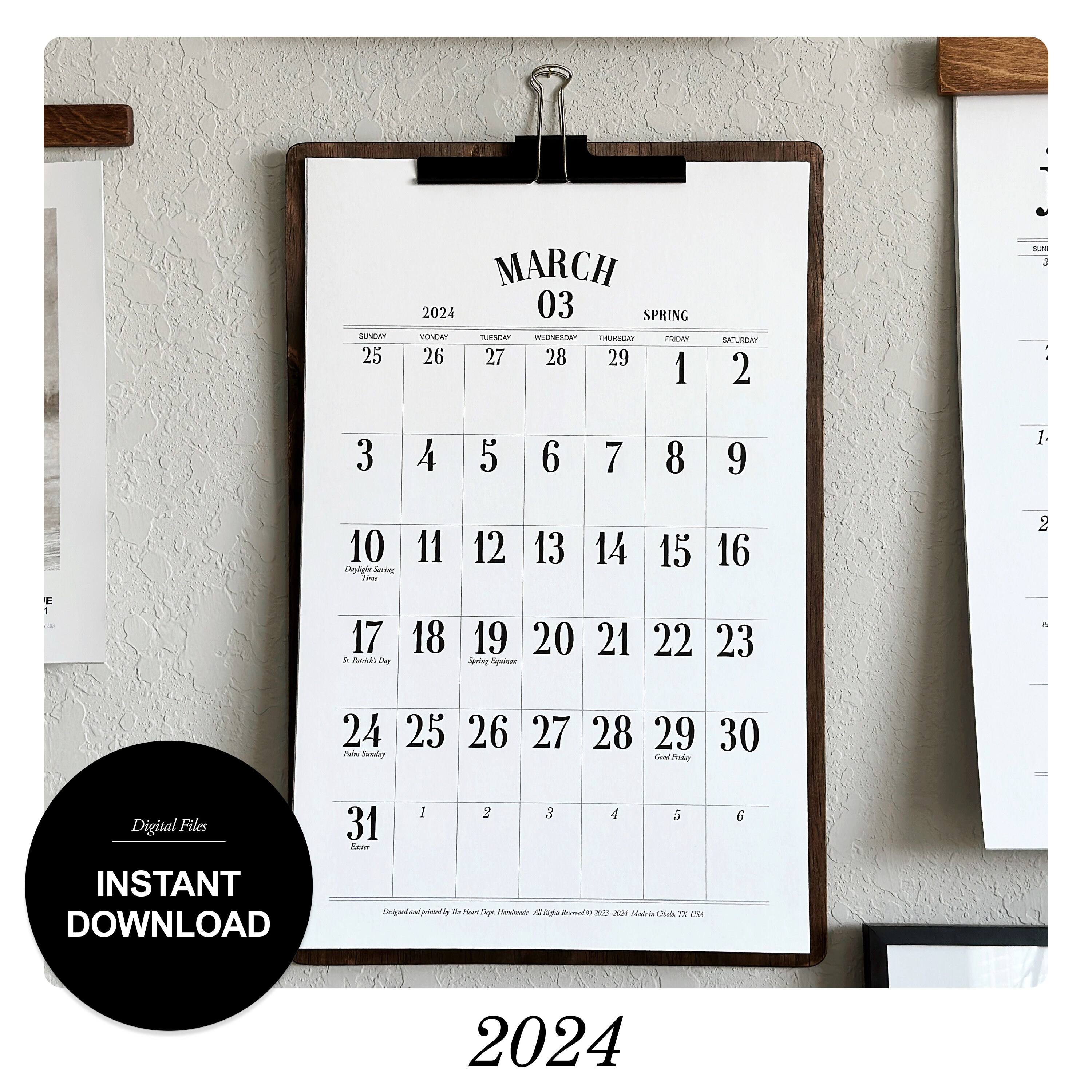 2024 Printable WALL Calendar, Large Dates Calendar, Hanging Calendar