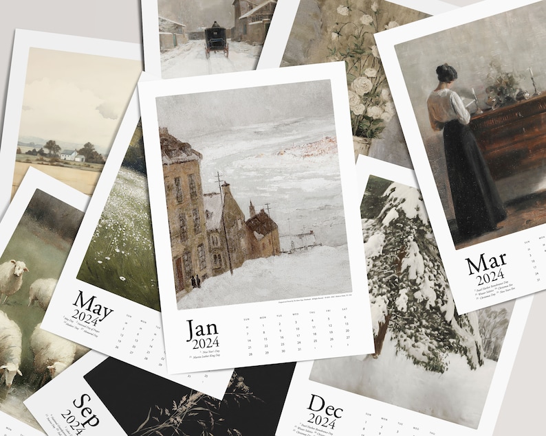 Large 2024 Printable Vintage Art Calendar, 11x17 Calendar, Wall ...
