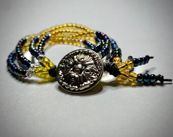 Midnight & Gold Leather Wrap Boho Seed Bead Bracelet – Silver Vintage Button - Floral Filigree - Colorblock Bracelet - Wrap Bracelet