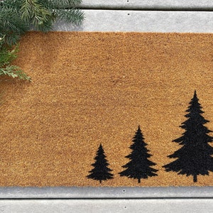 Three Pine Tree Coir Doormat - Winter Welcome / Outdoor Lover Welcome Mat /Pines / Mountain / Christmas Time / Simple Decorations / Elegant