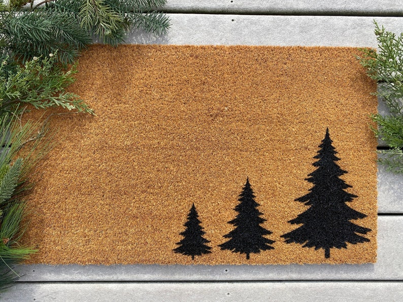 Three Pine Tree Coir Doormat - Winter Welcome / Outdoor Lover Welcome Mat /Pines / Mountain / Christmas Time / Simple Decorations / Elegant 