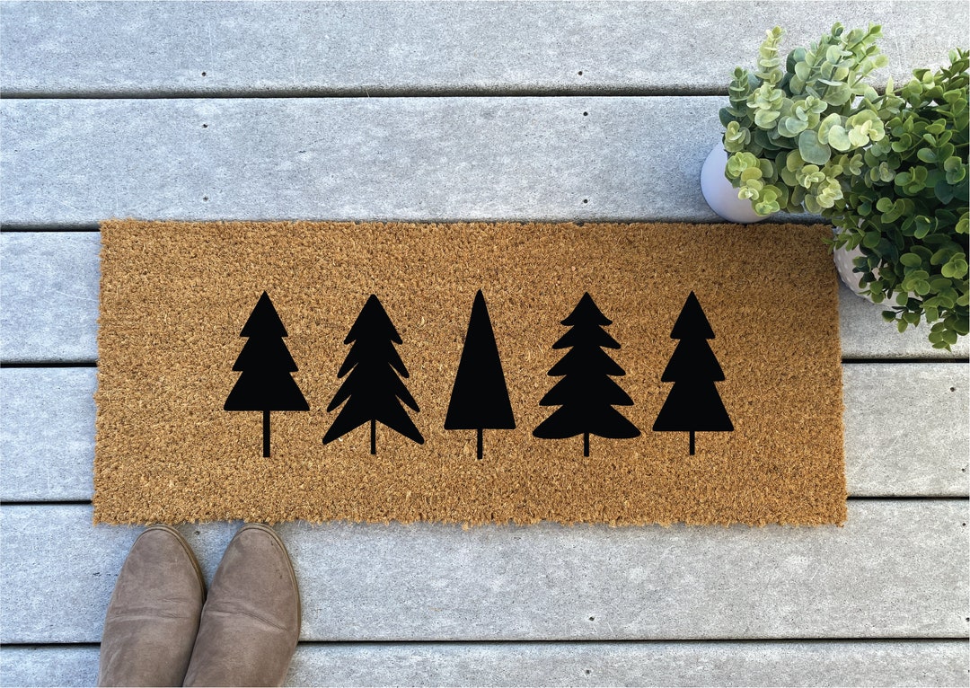 Narrow Doormat Five Modern Pine Trees Coir Doormat / Skinny Door Mat