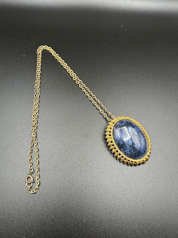 Blue Lapis(??) Goldtone Brooch Necklace Vintage