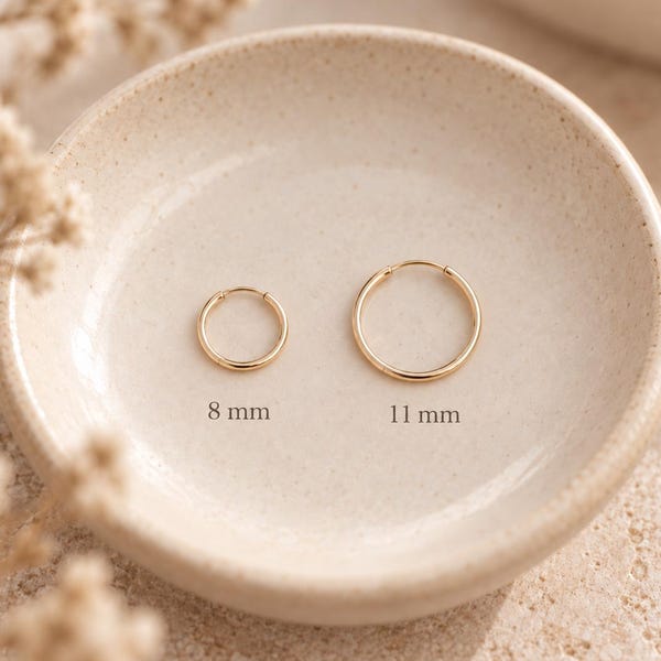 10K Gold Small Hoop Earrings, 8mm & 11mm Huggie Hoops, Tiny Everyday Gold Hoops