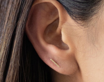 10K Solid Gold Bar Stud Earrings • Screw Back • Cartilage Piercing & Second Hole • Minimalist Line Stud • Ear Stack