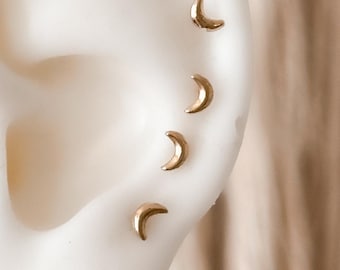 10K Gold Moon Stud Earrings, Solid Gold Screw Back Studs, Dainty Cartilage Earrings, Tiny Crescent Moon Earrings, Second Hole Studs