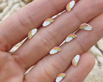 10K Gold Rainbow Stud Earrings, Solid Gold Screw Back Studs, Dainty Cartilage Studs, Second Hole Earrings, Kids Gold Earrings